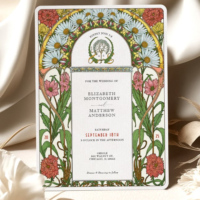 Invitation Daisis & Pink Zinnias Art Nouveau Mariage (Créateur téléchargé)