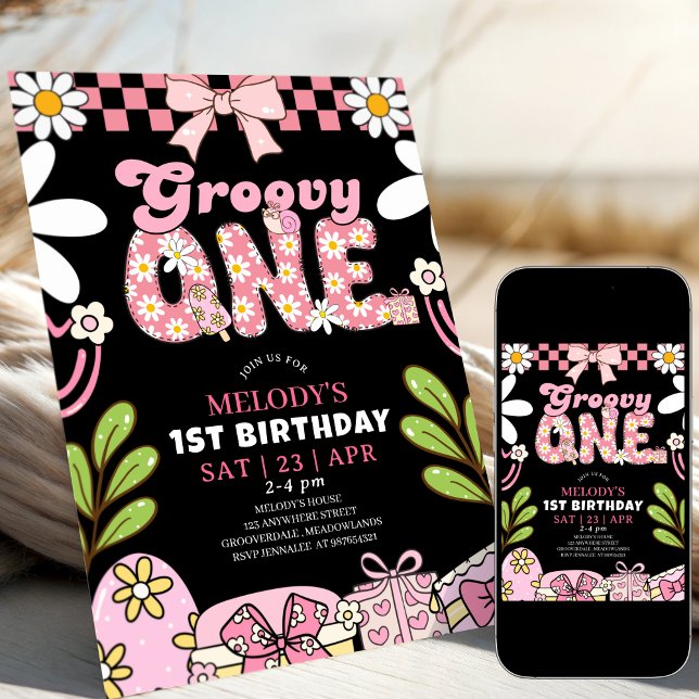 Invitation Daisy 1st Birthday Pink and Black Retro Birthday  (Créateur téléchargé)