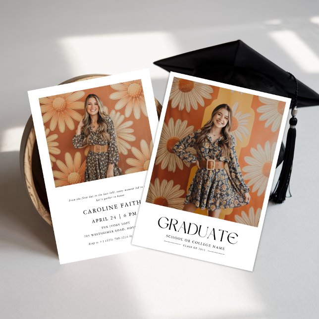 Invitation Daisy 2 Photo Minimaliste 60s Rétro Graduation (Créateur téléchargé)