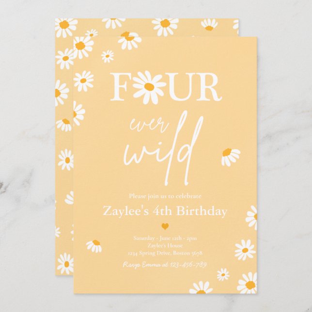 Invitation Daisy Anniversaire fête Bohmian Four Ever Wild (Devant / Derrière)