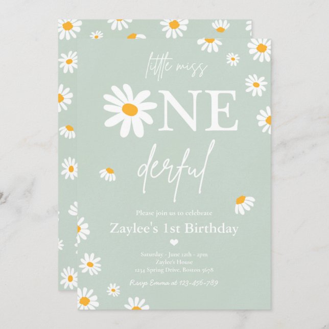 Invitation Daisy Anniversaire Fête Bohmian Little Miss Oneder (Devant / Derrière)