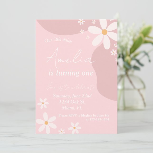 Invitation Daisy Anniversaire Retro Pink Bohemian Anniversair (Debout devant)
