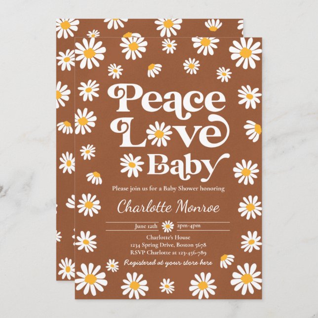 Invitation Daisy Baby shower Bohême Peace Love Baby shower (Devant / Derrière)