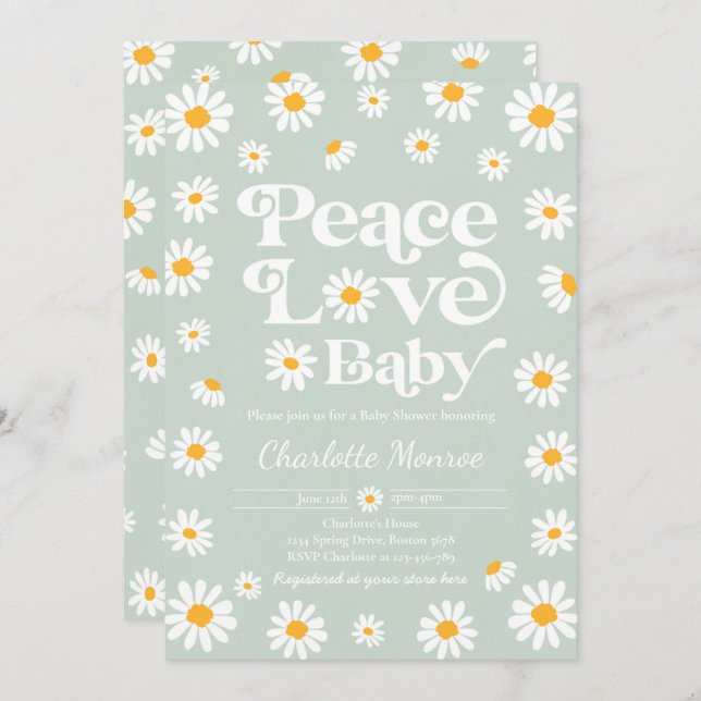 Invitation Daisy Baby shower Bohême Peace Love Baby shower  (Devant / Derrière)