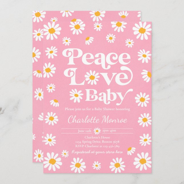 Invitation Daisy Baby shower Bohême Peace Love Baby shower (Devant / Derrière)