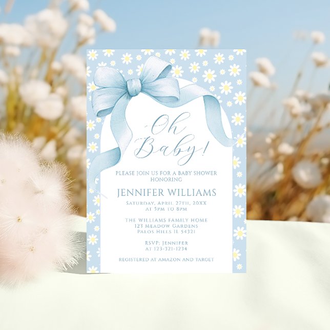 Invitation Daisy Blue Floral Bow Ribbon Baby Boy Douche garço (Créateur téléchargé)