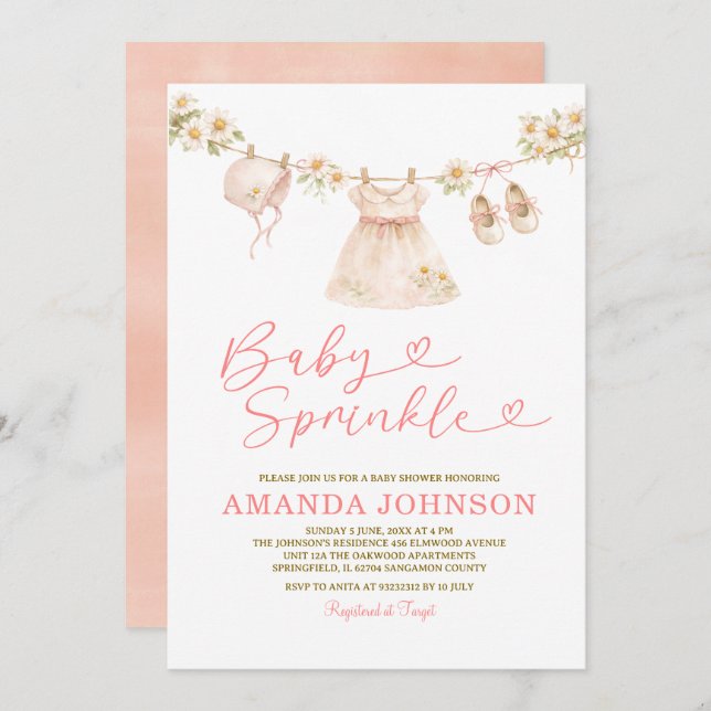 Invitation Daisy Clothesline Baby Sprinkle Girl Pink Peach (Devant / Derrière)