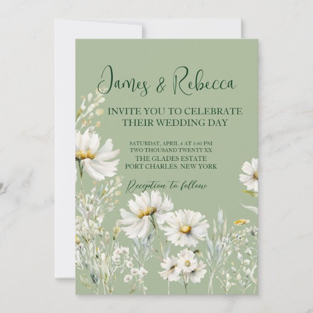 Invitation Daisy Earthy Sage & Botanical Greenery Wedding  (Devant)