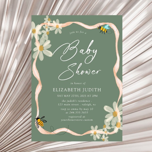 Invitation Daisy et abeilles Baby shower vert fleuri (Créateur téléchargé)