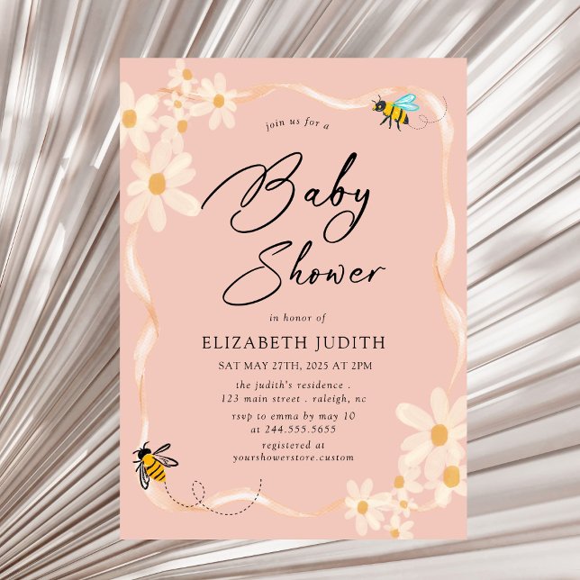 Invitation Daisy et abeilles Floral rose Baby shower Invitati (Créateur téléchargé)