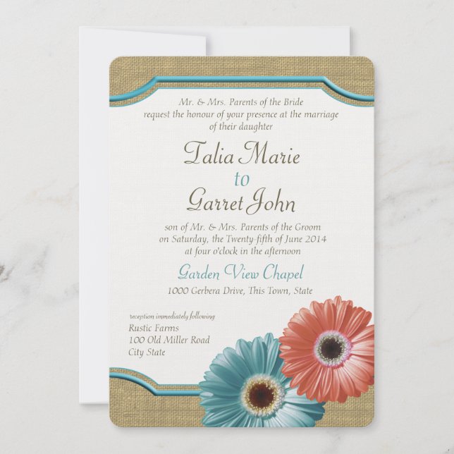 Invitation Daisy et Burlap Coral et Aqua (Devant)