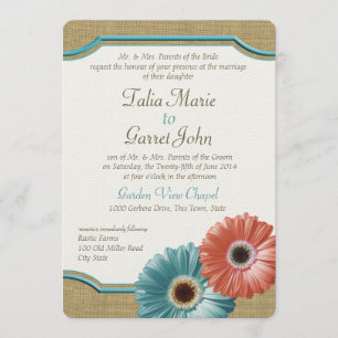 Invitation Daisy et Burlap Coral et Aqua