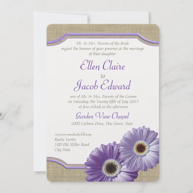 Invitation Daisy et Burlap Lavender Purple (Devant)