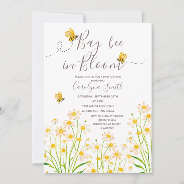Invitation Daisy Fleur sauvage Bay Bee in Bloom Baby shower (Devant)