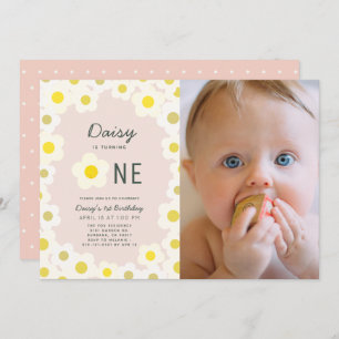 Invitation Daisy Floral Pink Photo 1er Anniversaire Invitatio