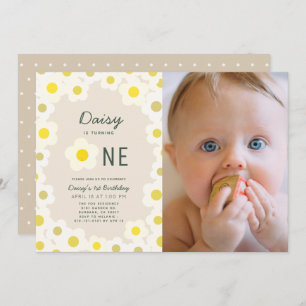 Invitation Daisy Floral Taupe Photo 1er Anniversaire Invitati