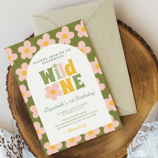 Invitation Daisy Floral Wild One boho rose Fille 1er annivers (Créateur téléchargé)