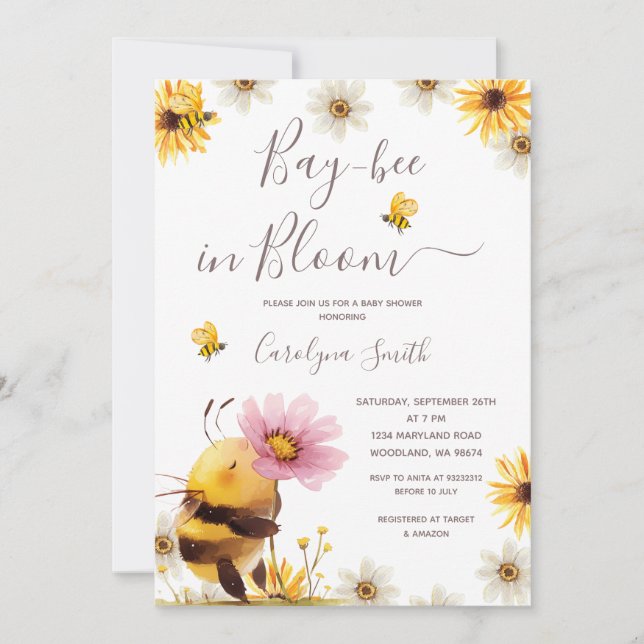Invitation Daisy Flower Bay Bee in Bloom Baby shower (Devant)