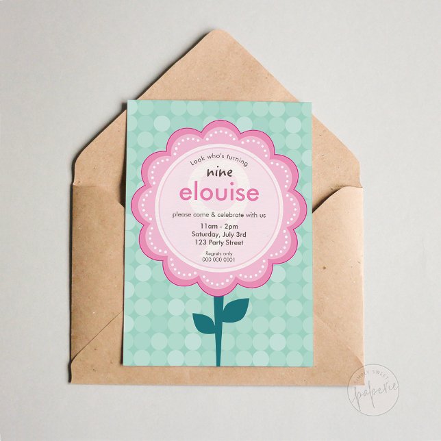 Invitation DAISY FLOWER modern vintage pretty birthday mint (Créateur téléchargé)