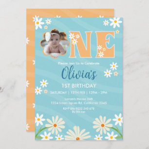 Invitation Daisy Flower Photo One Girl daisy 1er Anniversaire