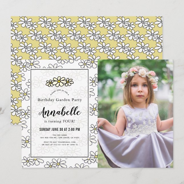 Invitation Daisy Garden Party Photo blanche Anniversaire (Devant / Derrière)
