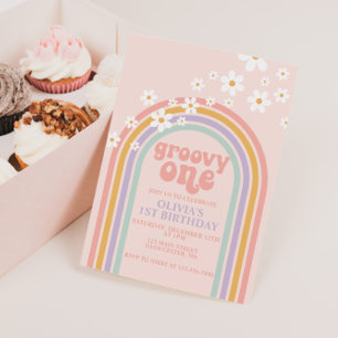 Invitation Daisy Groovy One Pastel arc-en-ciel premier annive