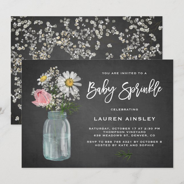 Invitation Daisy Mason Jar Chalkboard Rustic Baby Sprinking (Devant / Derrière)