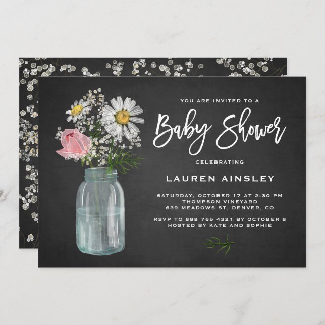 Invitation Daisy Mason Jar Rustic Chalkboard Baby shower (Devant / Derrière)