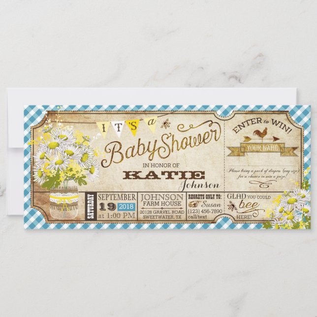 Invitation Daisy Picnic Blue En vichy Check Baby shower (Devant)