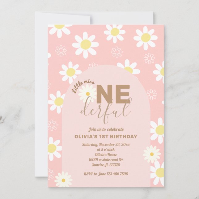 Invitation Daisy Pink Little Miss ONE derful Girl 1er anniver (Devant)