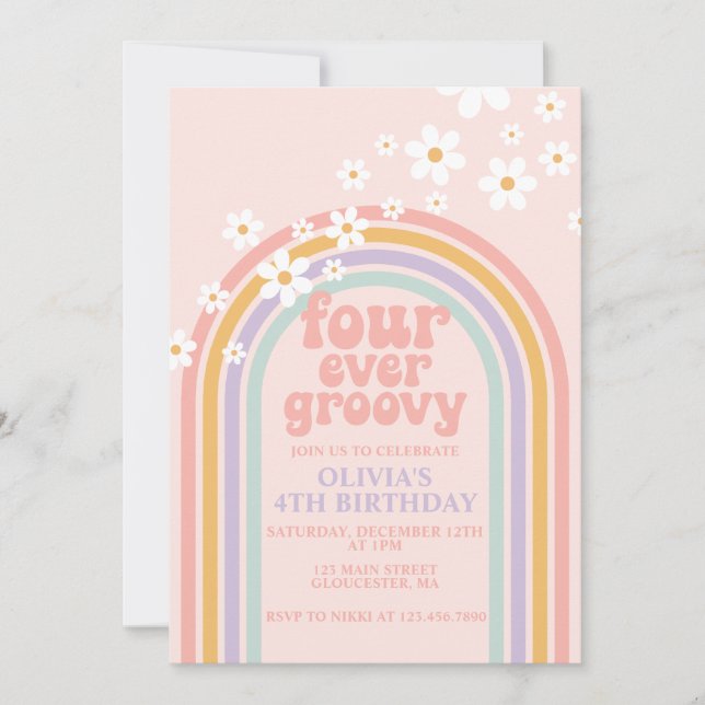 Invitation Daisy pour toujours groovy pastel anniversaire 4 a (Devant)