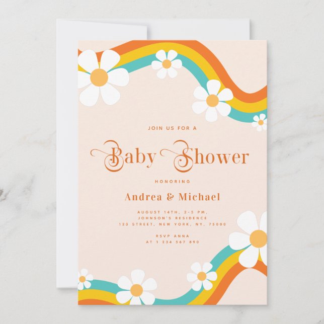 Invitation Daisy Rainbow Retro Typographie Hippie Baby shower (Devant)