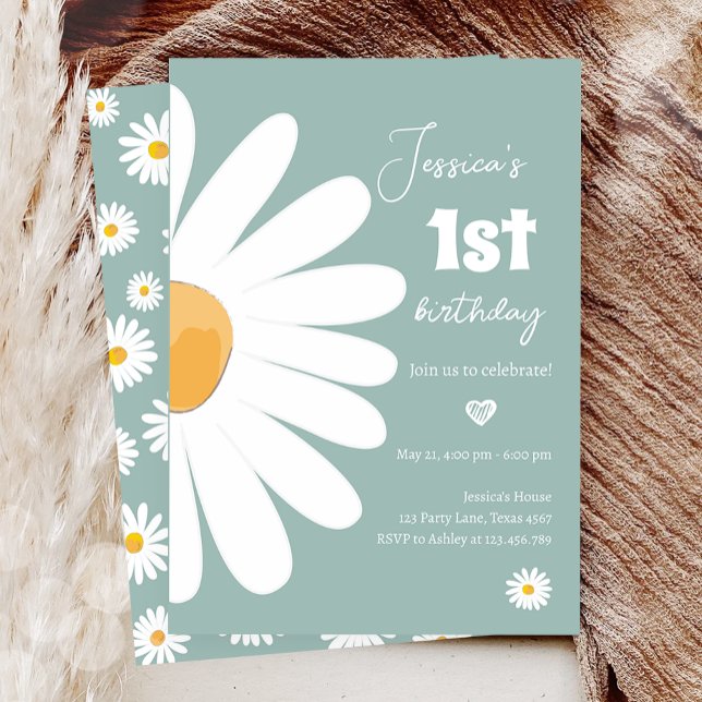 Invitation Daisy Retro Boho Party Dusty Blue Premier annivers (Créateur téléchargé)