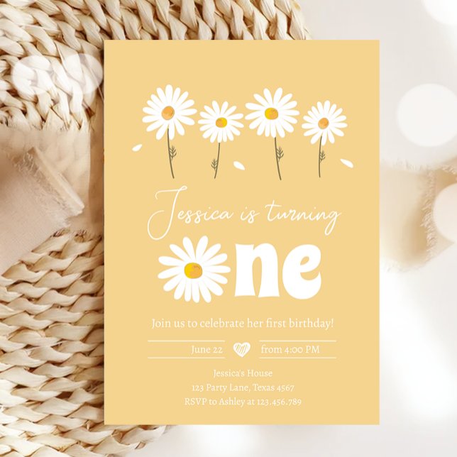 Invitation Daisy Retro Boho Party Jaune fille premier anniver (Créateur téléchargé)