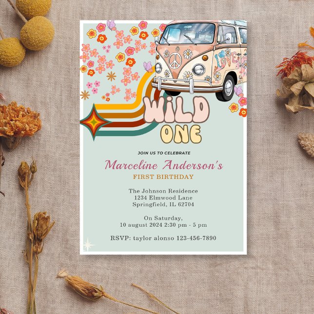 Invitation Daisy & Retro Van Floral Wild Un 1er anniversaire (Créateur téléchargé)