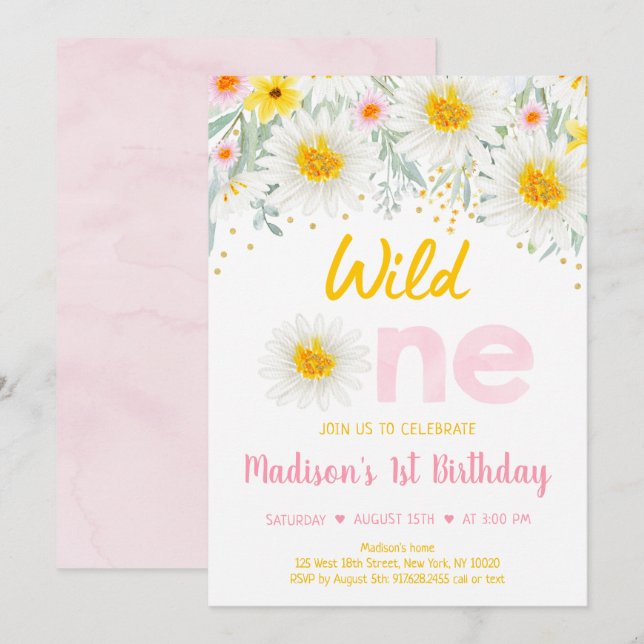 Invitation Daisy Rose Gold Wild Un premier anniversaire (Devant / Derrière)