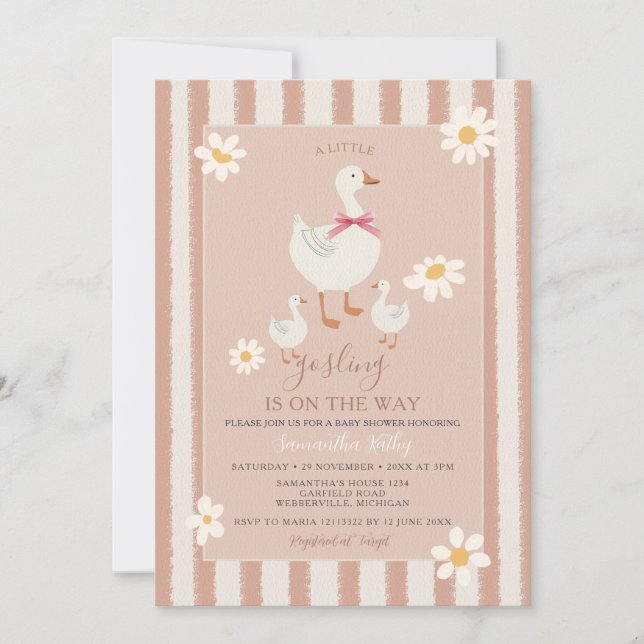 Invitation Daisy rose rayé mignon petit Baby shower Gosling (Devant)