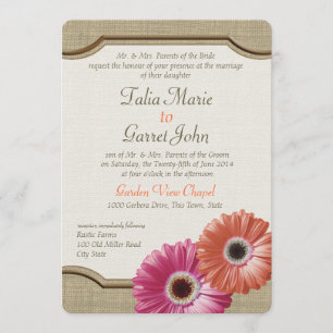 Invitation Daisy Rustic Burlap Coral et rose