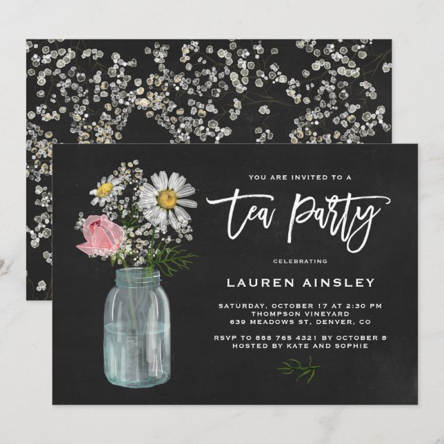 Invitation Daisy rustique de tableau noir à Mason Jar Tea Par (Devant / Derrière)