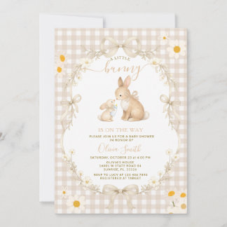 Invitation Daisy Spring Neutral Gingham Bunny Baby Shower