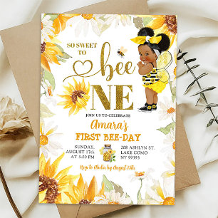 Invitation Daisy Sunflower Afro Girl First Bee Day Anniversai