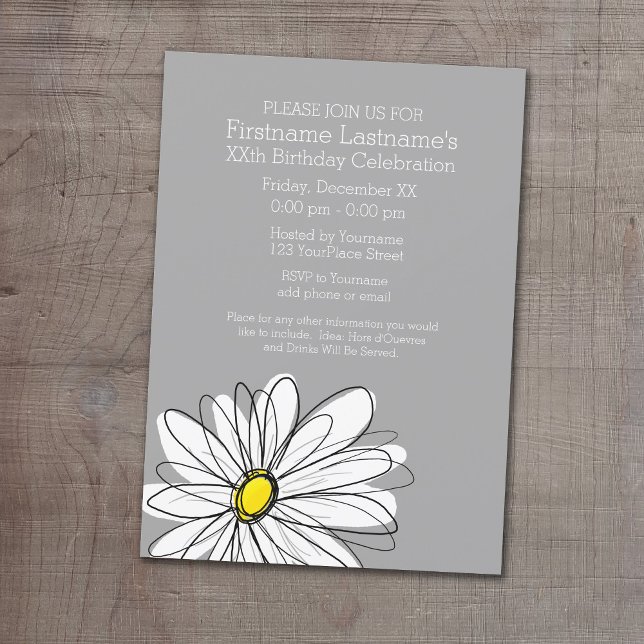 Invitation Daisy tendance avec fête d'anniversaire gris jaune (Birthday Party Invitation with a Whimsical Daisy)