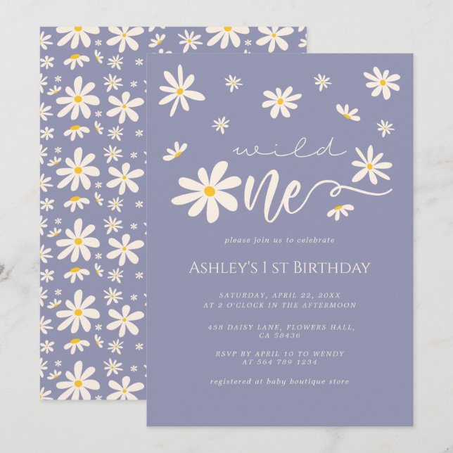 Invitation Daisy Wild Un 1er anniversaire Boho Purple (Devant / Derrière)