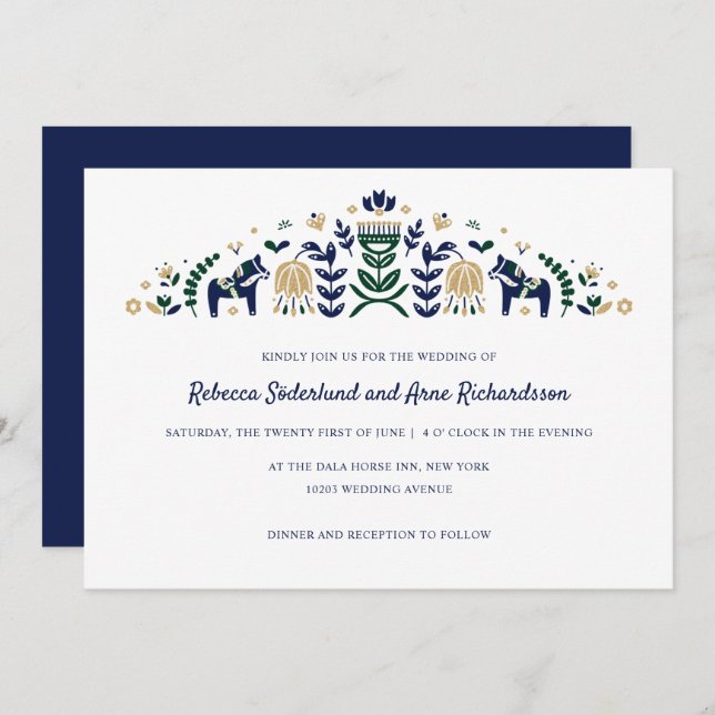 Invitation Dala d'art populaire scandinave Cheval CUSTOM bleu (Devant / Derrière)