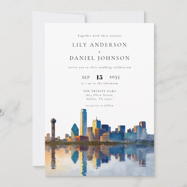 Invitation Dallas Skyline Watercolor QR Code Wedding (Devant)