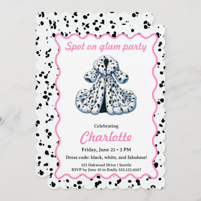 Invitation Dalmatian Print Birthday | Black and White party (Devant / Derrière)