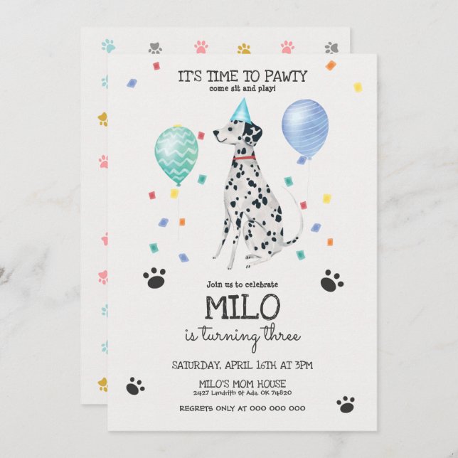 Invitation Dalmatie laisse Pawty Chien Anniversaire Invitatio (Devant / Derrière)