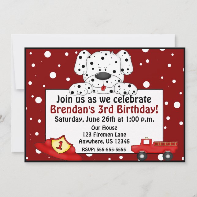 Invitation dalmatienne d'anniversaire de pompier (Devant)