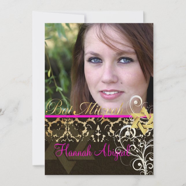 Invitation Damas Bat mitzvah/Vintage/Swirls/rose vif (Devant)