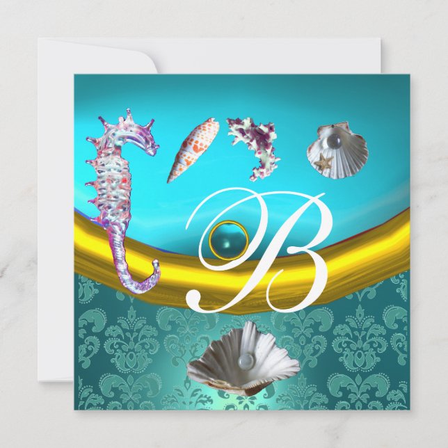 INVITATION DAMAS BLEU AQUALMARINE MONOGRAMME MARIAGE DE PLAGE (Devant)